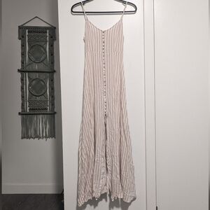 (251) Beige Pinstripe Maxi Button Up Dress